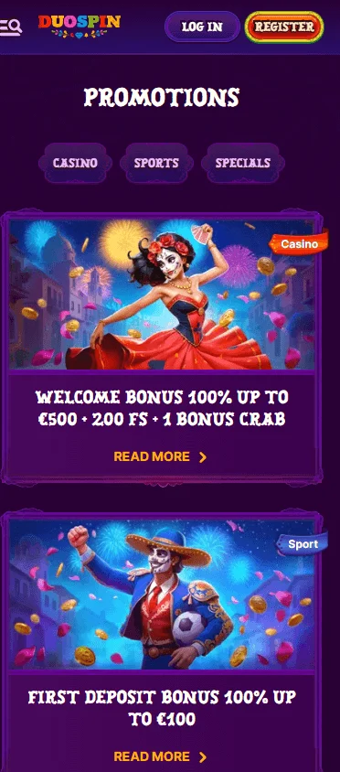Duospin Casino mobile browser promotions area on a smartphone