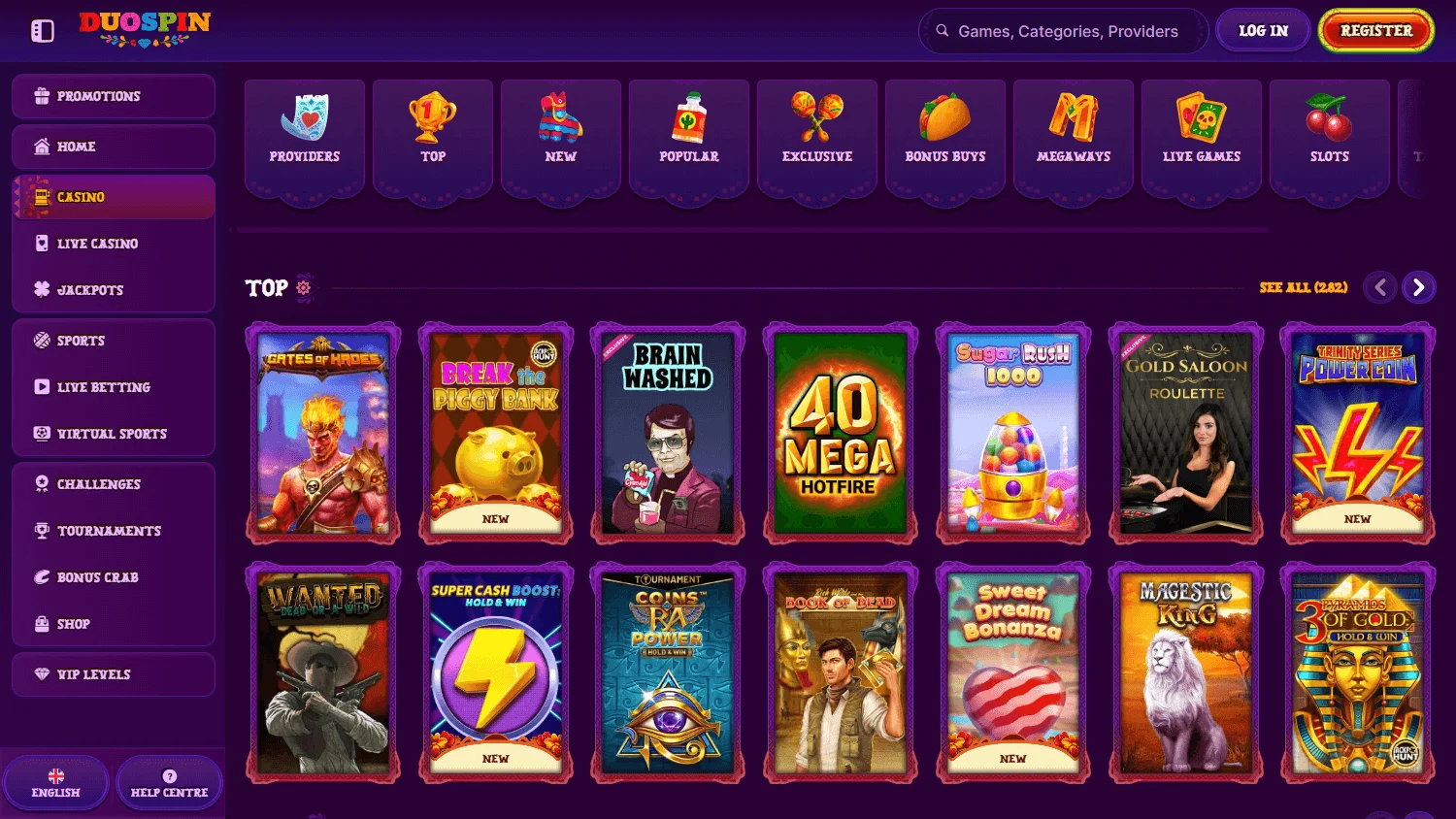 Duospin Casino desktop game area with casino categories and titles