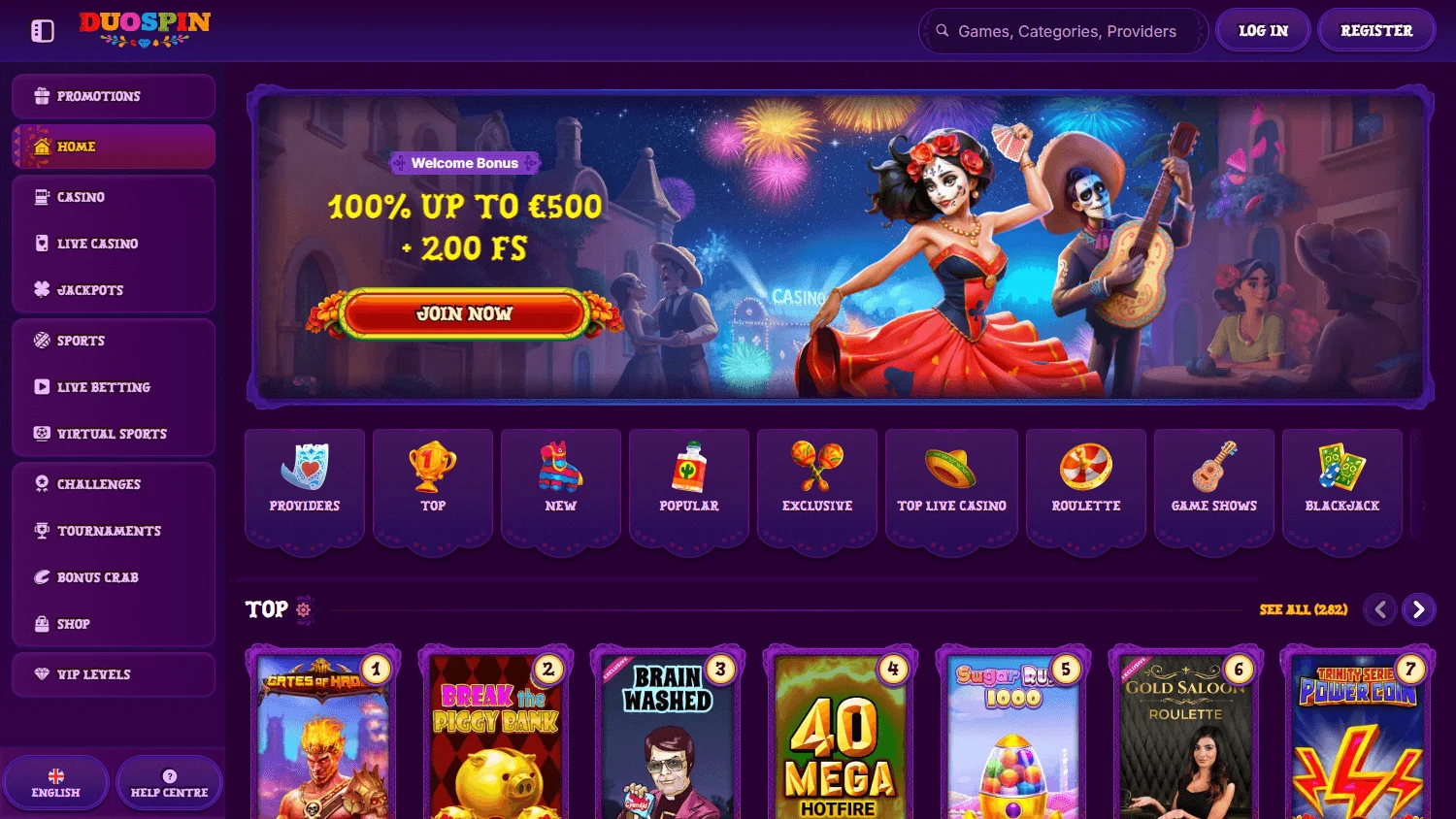 Duospin Casino desktop home view with casino, promotions and account features
