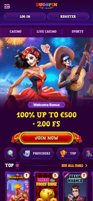 Duospin Casino mobile browser home view on a smartphone