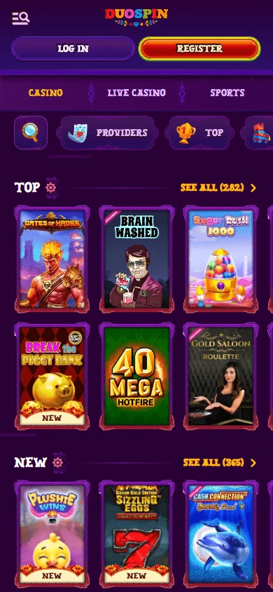 Duospin Casino mobile browser game area on a smartphone
