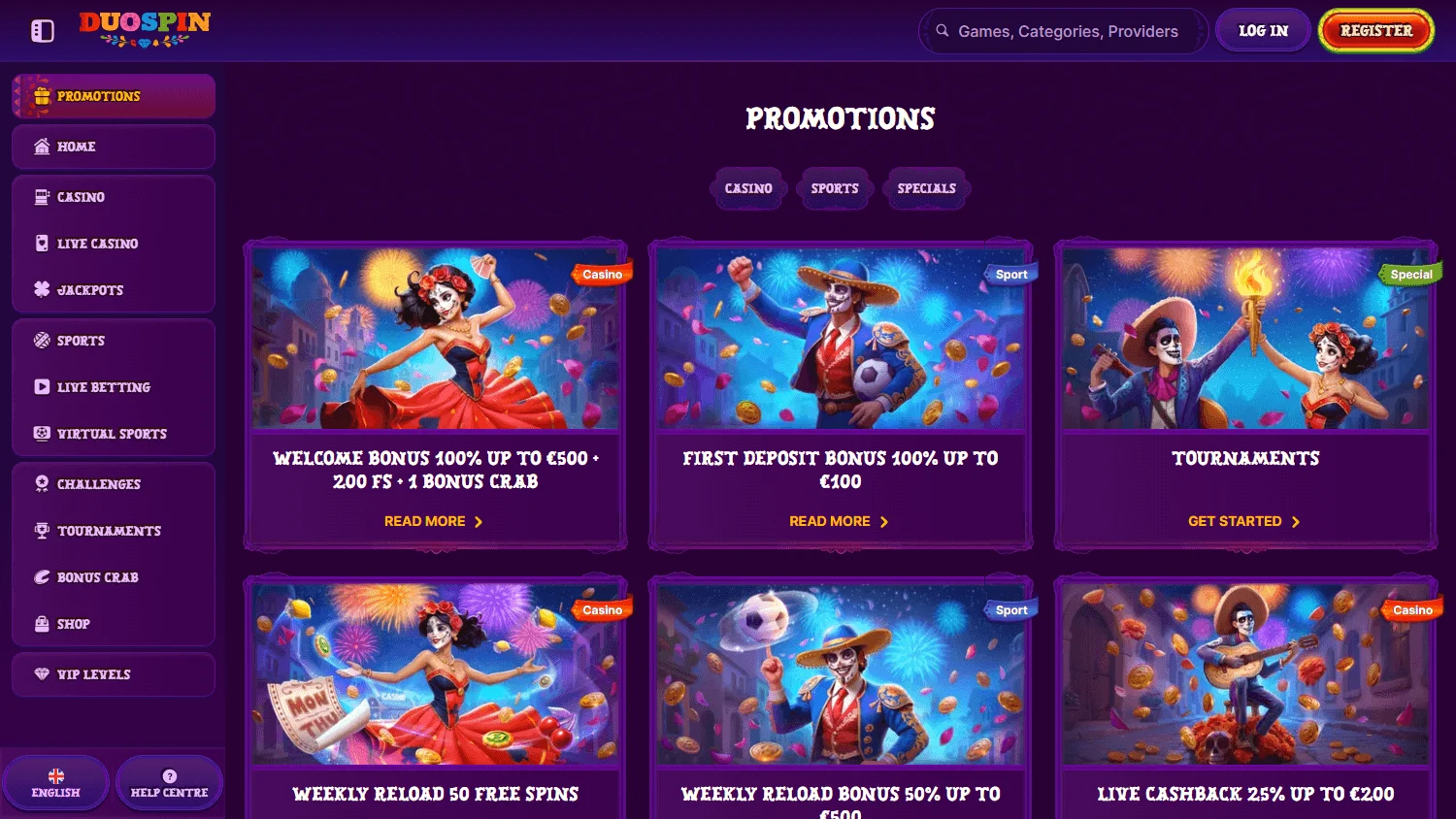Duospin Casino desktop promotions area with welcome and deposit offers
